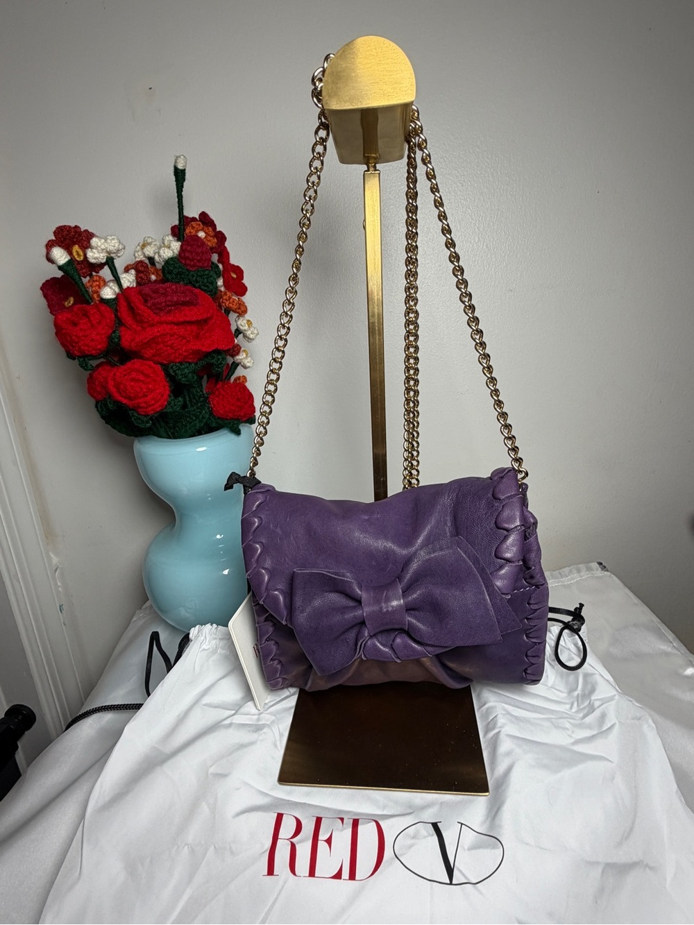 RED Valentino Purple Leather Bow Shoulder Bag with Gold Chain - Picture 2 of 9